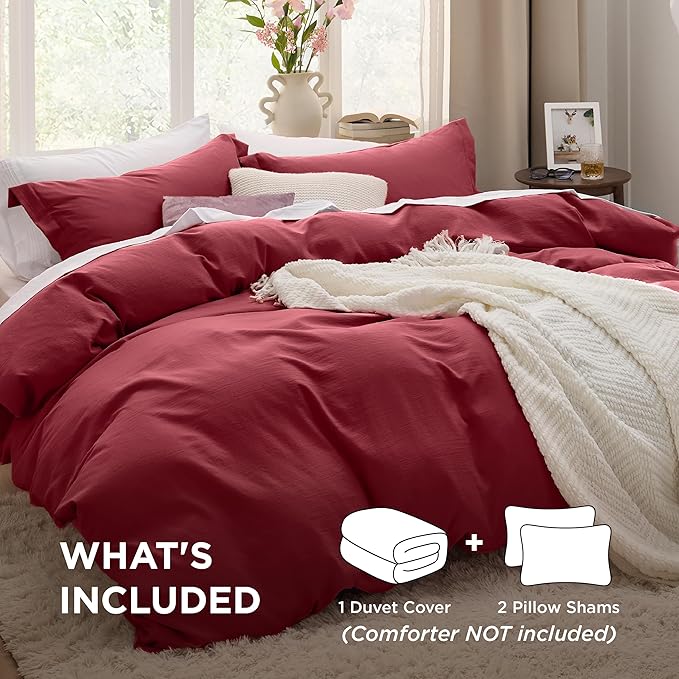 Bedsure Red Duvet Cover Queen Size - 3 Pieces Prewashed Cotton-Like Polyester Extra Soft Bedding Set, Includes 1 Duvet Cover 90x90 Inches with Zipper Closure & 2 Pillow Shams, Comforter Not Included