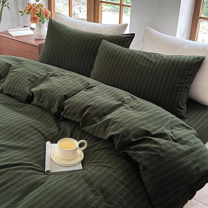 Striped Duvet Cover Set 100% Washed Cotton Linen Like Soft Feelling Breathable Bedding(Olive Green/Black Strip,Twin)