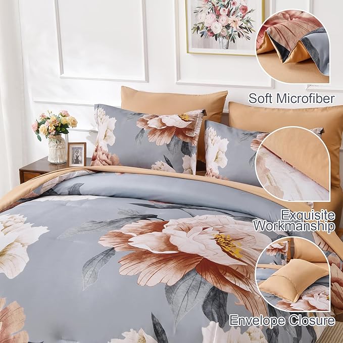 Dobuyly Floral Comforter Set King Size, Brown Flower Printed on Grey Comforter Set with Sheets, 7 Piece Botanical Bed in a Bag, Soft Microfiber Farmhouse Bedding Set for All Season