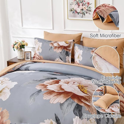 Dobuyly Floral Comforter Set King Size, Brown Flower Printed on Grey Comforter Set with Sheets, 7 Piece Botanical Bed in a Bag, Soft Microfiber Farmhouse Bedding Set for All Season