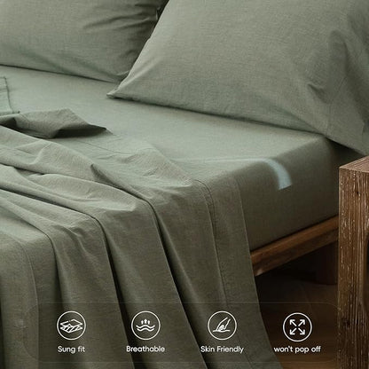 MooMee Fitted Bottom Sheet Only 100% Washed Cotton Linen Like Textured Breathable Durable Soft Comfy Deep Pocket Fits Mattress up to 17" (Heathered Green, Twin)