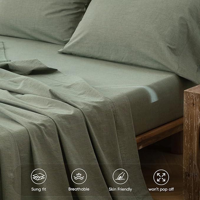 MooMee Fitted Bottom Sheet Only 100% Washed Cotton Linen Like Textured Breathable Durable Soft Comfy Deep Pocket Fits Mattress up to 17" (Heathered Green, Queen)