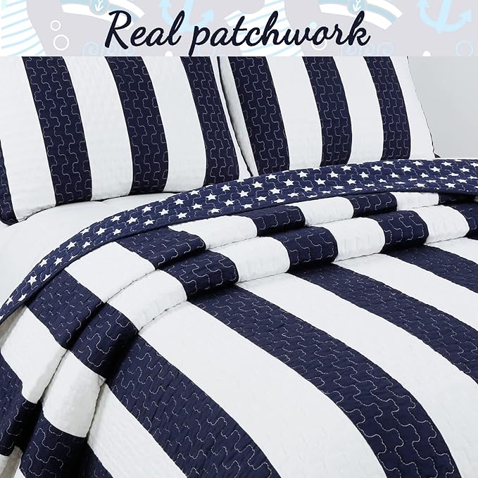 Cozy Line Home Fashions Sailor Popeye 's Bedding Quilt Set, Nautical Navy Blue White Star Striped 100% Cotton Reversible Coverlet Bedspread for Kids Boy (Sailor Star, Queen - 3 Piece)