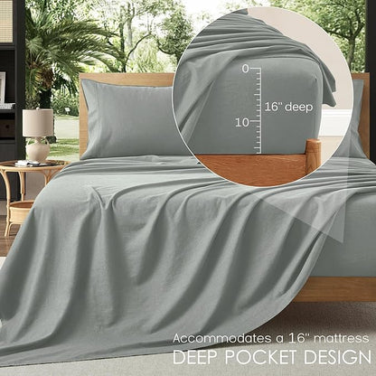 3Pcs Organic Linen Sheets Twin Size, 100% French Linen from Normandy, Tear-Resistant Earl Gray Bed Sheets Twin Sheet Set with 16 Inch Deep Pocket, 1 Flat Sheet, 1 Fitted Sheet, 1 Pillowcases