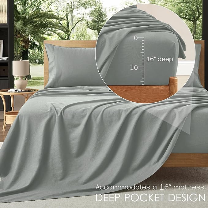 4Pcs Organic Linen Sheets California King Size, 100% French Linen from Normandy, Breathable Earl Gray Cal King Sheet Set with 16 Inch Deep Pocket, 1 Flat Sheet, 1 Fitted Sheet, 2 Pillowcases