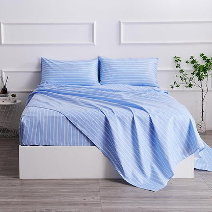 Full Size Sheets Blue White Stripe 4 Piece Breathable & Cooling Bed Sheet Set - Hotel Luxury Bedding for Women, Men, Kids, Teens, Boys & Girls - Deep Pockets, Soft, Wrinkle Free - Blue Stripes