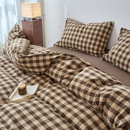 Checkered King Size Duvet Covers Tan Brown Washed Cotton King Comforter Cover Boho Gingham Cute Rustic Duvet Cover Set with Hidden Zipper Vintage Buffalo Plaid Bedding Set Soft Duvet Protector