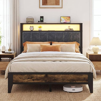 OLEVS Full Size Bed Frame with Headboard, LED Light & Charging Station | Metal Platform Bed Upholstered Headboard 2-Tier Shelf & Footboard, Smart LED Lightning Type C USB Ports, No Need Box Spring