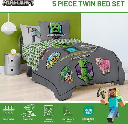 Jay Franco Kids Comforter Set Includes Sheets and Pillow Covers - Soft and Cozy Bed Set for Stylish Room Decor, Grey - Minecraft Movie, 5 Piece Twin Size Bedding