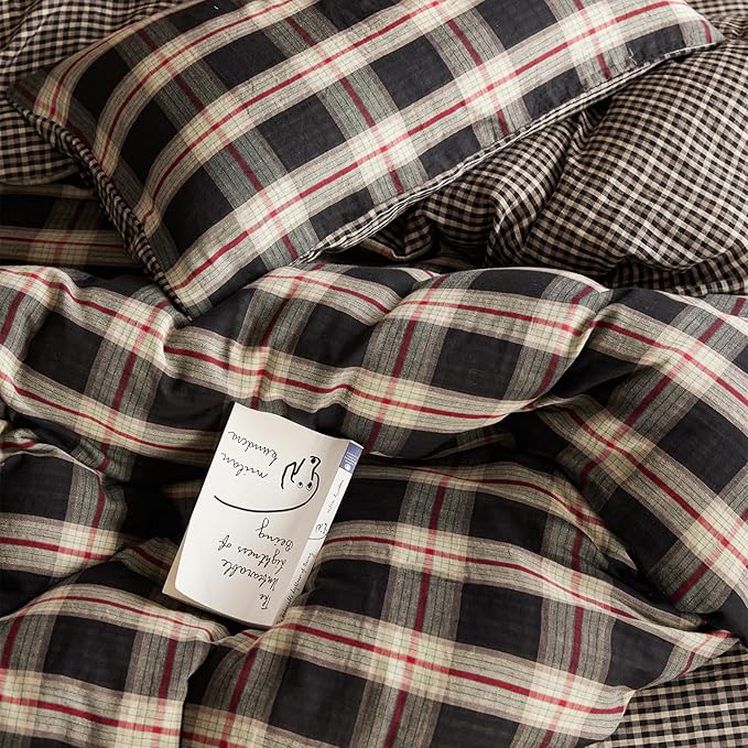 EAVD Vintage Red&Black Plaid Duvet Cover King Soft 100% Cotton Muslin Gauze Red Green Black Grid Checkered Bedding Set with 2 Pillowcases Reversible Gingham Duvet Cover with Zipper Closure