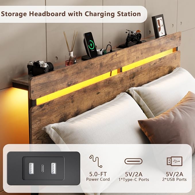 Forestell Queen Bed Frame with Wood Headboard,2 Storage Drawers & Shelf | Built-in Charging Station & LED Lights, Metal Support, No Box Spring Needed, noise-free, easy assembly, Smart RGB, USB+Type-C