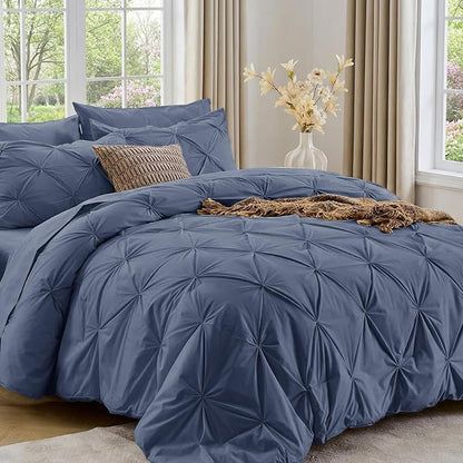 Sasttie Full Size Comforter Set, 7-Piece Bed in a Bag Double, Pintuck Bedding Set for All Season, Includes Comforter, Flat Sheet, Fitted Sheet, Pillowcases and Pillowshams, Indigo Blue