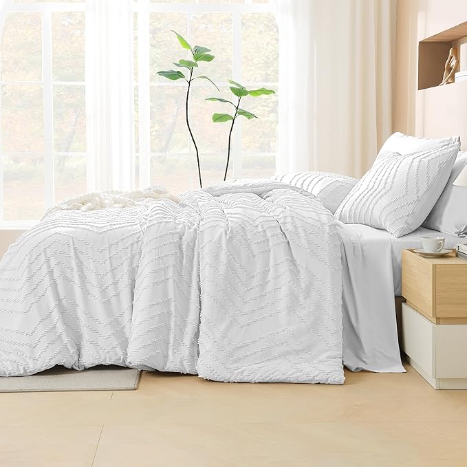 Litanika California King Size Comforter Set with Sheets White - 7 Pieces Bed in a Bag Cal King Boho Tufted Complete Bedding Sets with Comforter, Sheets, Pillowcases & Shams