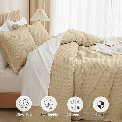 PHF Waffle Weave Duvet Cover Set King Size, No Snagging Ultra Soft Luxury Textured Breathable Comforter Cover for All Season 3pcs, Durable Bedding Duvet Set with 2 Pillow Shams, 104"x90", Khaki