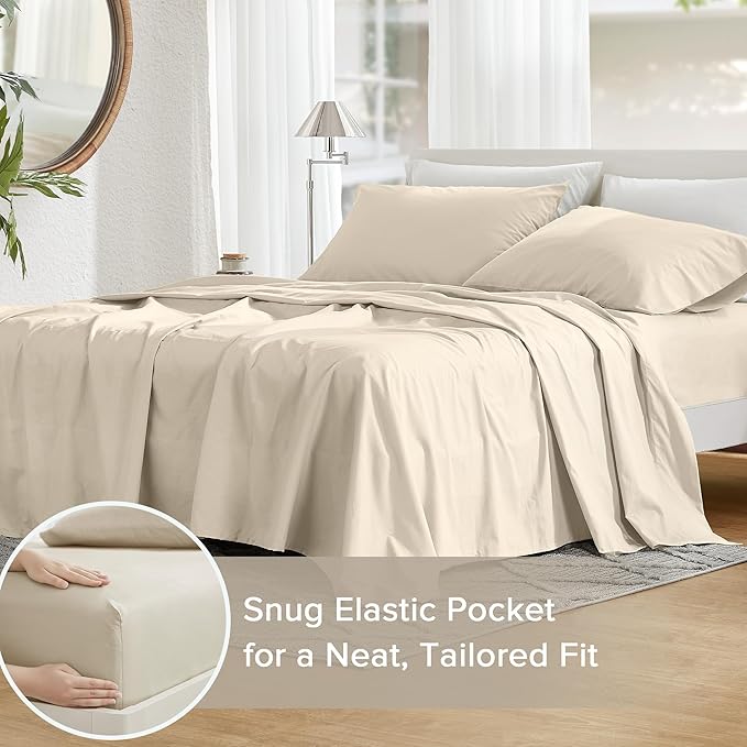 Comfort Spaces 100% Cotton Sheets Cal King, Breathable & Soft Cotton Sheets, Naturally Cool Cotton Bed Sheets with 14" Elastic Pocket Fits up to 16" Mattress, All Seasons Sheet Set, Cream 4 Piece