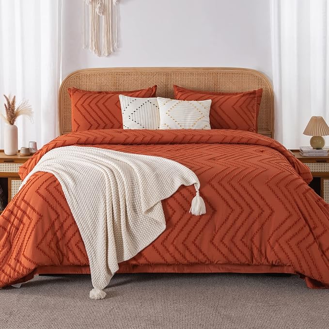 Litanika Super King Plus Size Comforter Set with Sheets Terracotta - 7 Pieces Bed in a Bag Oversized King Boho Tufted Complete Bedding Sets with Comforter, Sheets, Pillowcases & Shams
