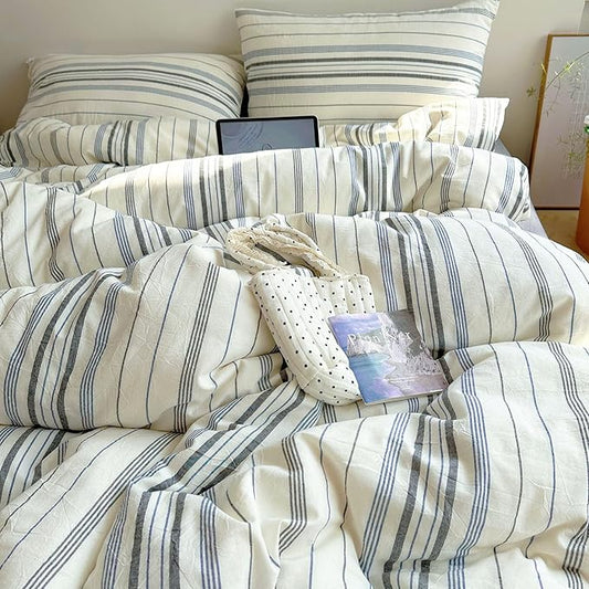 EAVD Vintage Blue Grey and White Striped Duvet Cover King Soft 100% Cotton Chic Stripes Bedding Set with 2 Pillowcases Retro Geometric Duvet Cover with Zipper Closure Corner Ties