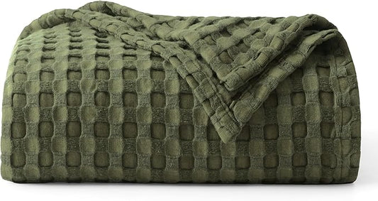 Bedsure Cooling Cotton Waffle Weave Throw Blanket - Lightweight Breathable Blanket of Rayon Derived from Bamboo for Hot Sleepers, Luxury Throws for Bed, Couch and Sofa, Olive Green, 50x70 Inches