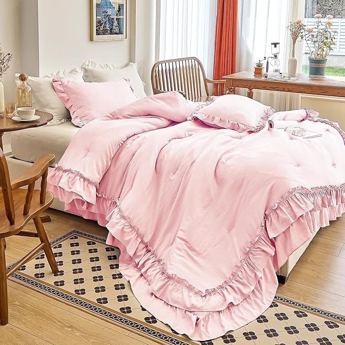 AIKASY Peach Pink Ruffle Comforter King, 3 Pieces Vintage Ruffle Fringe Comforter, Farmhouse Rustic Microfiber Down Alternative Bedding Comforter Set (1 Comforter + 2 Pillow Shams)