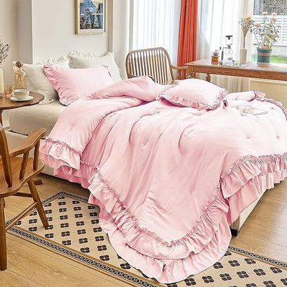 AIKASY Peach Pink Ruffle Comforter Twin, 3 Pieces Vintage Ruffle Fringe Comforter, Farmhouse Rustic Microfiber Down Alternative Bedding Comforter Set (1 Comforter + 2 Pillow Shams)