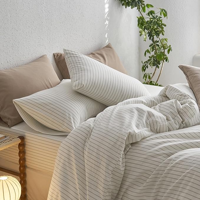 MooMee Bedding Pillowcases Striped Pack of 2 100% Washed Cotton Linen Like Textured Breathable Durable Soft Comfy (White Sage Green Wide Stripes, King)
