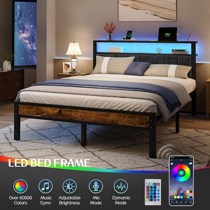 Liians Queen Size Bed Frame with 2-Tier Storage Shelf Headboard, LED Lights | Usb+Type C Charging Station, Metal Platform Bed, No Box Spring Needed, Noise Free, Easy Assembly