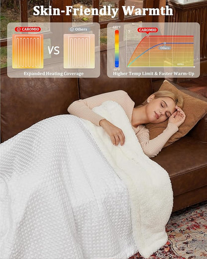 CAROMIO Heated Blanket Full Size, Waffle Weave Electric Blanket Throw with LCD Controller, Fast Heating, 10 Heat Levels & 1-12H Time Settings, ETL Certified, Machine Washable, Off White, 72" x 84"