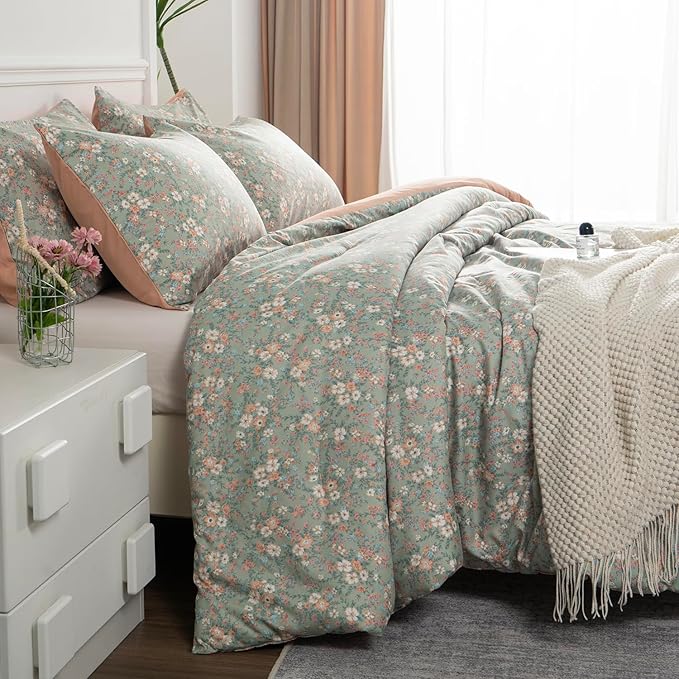 Floral Full Comforter Set 3 Pieces Soft Chic Garden Style Vintage Print Lightweight Botanical Flower