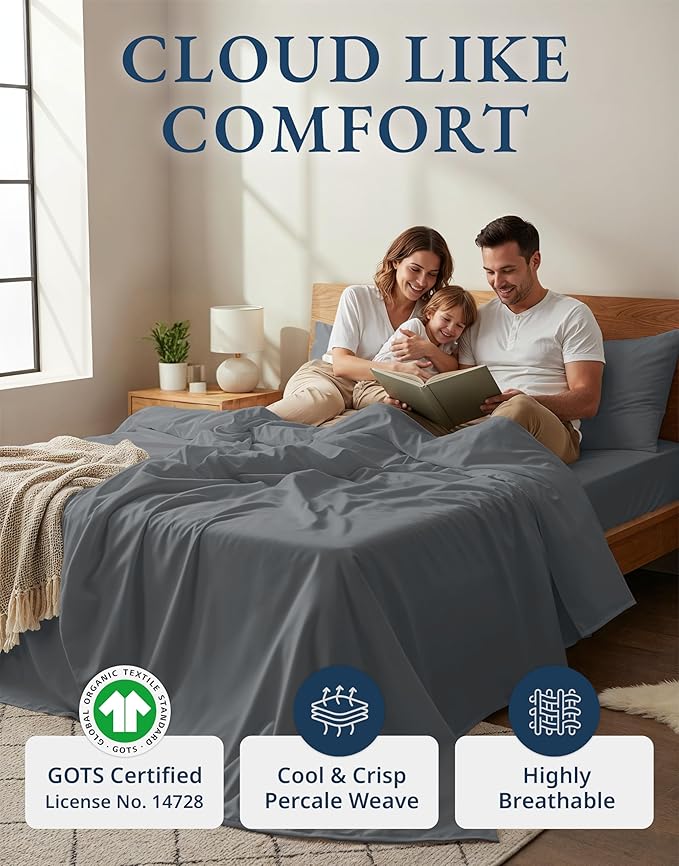 LANE LINEN 100% Organic Cotton Twin XL Sheets Set, Hotel Like Crisp Percale Low Pill Fade Resistant Reinforsed Seam Cotton Sheets, Perfect for Hospital Bed & Dorm Room Extra Long Twin- Charcoal