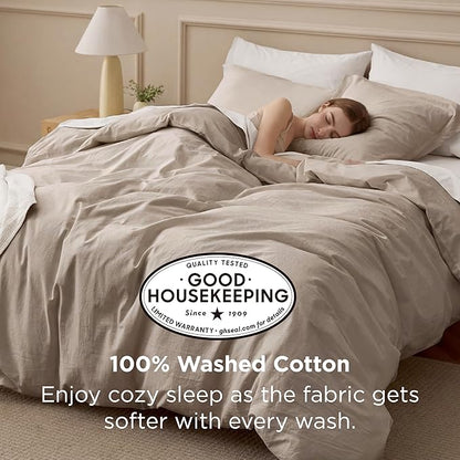 Bedsure 100% Washed Cotton Duvet Cover Oversized Queen - Tannish Linen Grey Minimalist Cotton Duvet Cover Set for All Seasons - Plain Simple Bedding Set (Tannish Linen Grey, Oversized Queen, 98"x98")