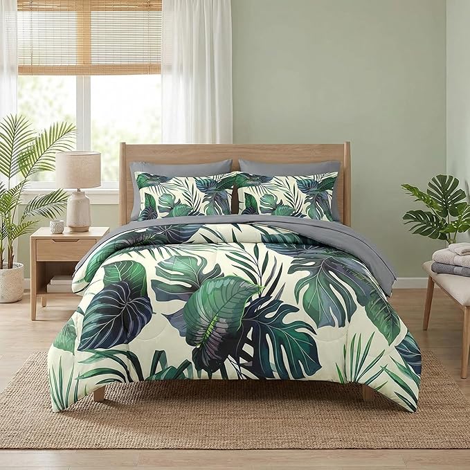 Comforter Set Full Size, Tropical Plants Leaves 7 Pcs Bedding for Kids and Adults, Palm Leaf Monstera Bed Sheet Sets with Fitted Sheet 2 Pillowcase & 2 Sham for Bedroom Bed Decor