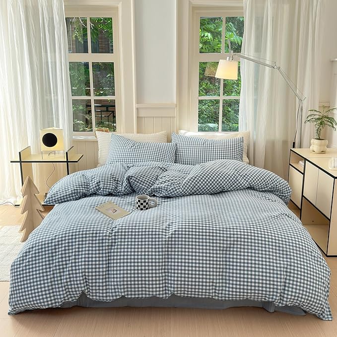 LifeTB Blue Gingham Duvet Cover Twin XL 3 Pieces Blue Grid Comforter Cover 100% Washed Cotton Plaid Duvet Cover with Zipper Closure Luxury Soft Gingham Plaid Bedding Cover with 2 Pillowcases