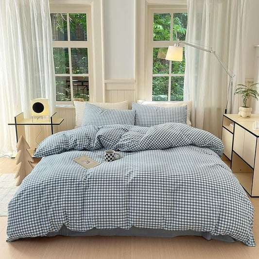 LifeTB Blue Gingham Duvet Cover Full Size Washed Cotton Blue Grid Comforter Cover 3 Pieces Plaid Duvet Cover with Zipper Closure Luxury Soft Gingham Plaid Bedding Cover Full with 2 Pillowcases