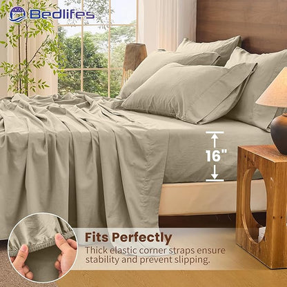 Bedlifes 100% French Pure Linen Sheets Queen Size Breathable and Cooling Flax Sheet Set Soft Durable and Moisture Wicking 16 Inch Deep Pocket-4 Piece(Queen,Taupe)