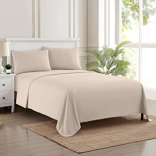 Queen Size Bed Sheets - Breathable Luxury Sheets with Full Elastic & Secure Corner Straps Built In - 1800 Supreme Collection Soft Deep Pocket Bedding, Sheet Set, EXTRA DEEP pocket - Queen, Beige