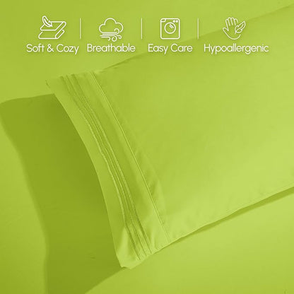 Elegant Comfort Luxurious 1500 Premium Hotel Quality Microfiber Three Line Embroidered Softest 4-Piece Bed Sheet Set, Wrinkle and Fade Resistant, King, Lime