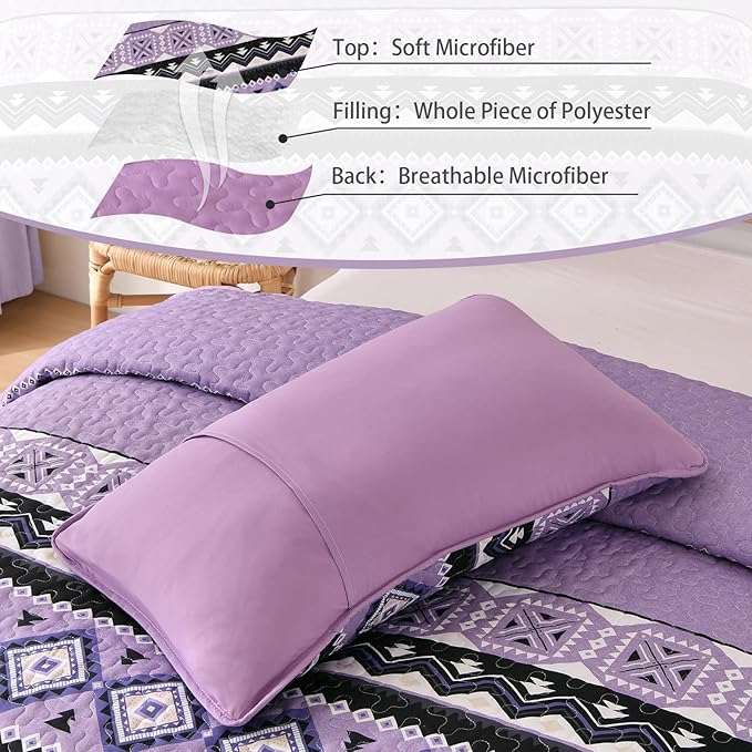 WONGS BEDDING 3 Pieces Quilt Set Queen Size, Purple Quilt Bedspread Lightweight Bohemian Coverlet Set with 2 Pillowcase, Soft Geometry Printed Bedding Set Queen for All Season 96"×90"