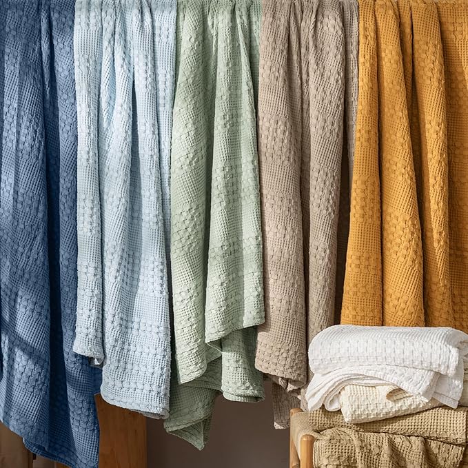 PHF 100% Cotton Waffle Weave Blanket Queen Size for Bed, Soft Lightweight & Breathable for Spring and Summer, All-Season Comfort, Luxury Aesthetic Blanket for Home Decor, 90"x90", Teal