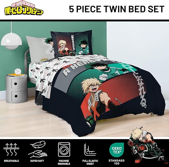 Jay Franco Kids Comforter Set Includes Sheets and Pillow Covers - Soft and Cozy Bed Set for Stylish Room Decor, Black - My Hero Academia, 5 Piece Twin Size Bedding