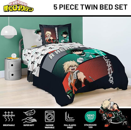 Jay Franco Kids Comforter Set Includes Sheets and Pillow Covers - Soft and Cozy Bed Set for Stylish Room Decor, Black - My Hero Academia, 5 Piece Twin Size Bedding