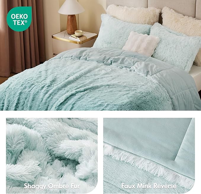 Intelligent Design Brielle, Long Shaggy Faux Fur Comforter Set, Plush Reverse, Trendy Ombre Design, Modern, Cozy All Season Bedding, Matching Sham, King/Cal King(104"x90") Aqua 3 Piece