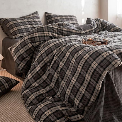 EAVD Vintage Style Dark Grey Plaid Duvet Cover King Soft 100% Muslin Cotton Modern Grid Checkered Bedding Set with 2 Pillowcases Reversible Gingham Duvet Cover with Zipper Closure