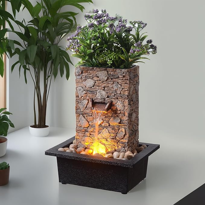 Kalona Tabletop Waterfall Fountain, Zen Fountain for Home Office Decor with LED Lights, Relaxing Indoor Water Feature with Realistic Stone Look for Meditation(23111)