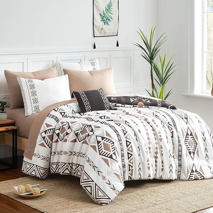 Geniospin Queen Comforter Set - 7 Pieces Reversible Bedding Set, Western Bed in A Bag, Lightweight Soft Aztec Bedding, All Season Bed Comforter Set with Sheets, Pillowcases & Shams