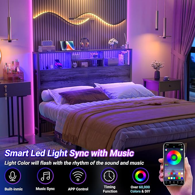 Aheaplus Headboard for Full Size Bed with Storage, Headboards with Outlets | Full Size Head Board Only, with USB Ports and LED Light, Height Adjustable, Reversible, Sturdy & Stable Headboard, Black Oak
