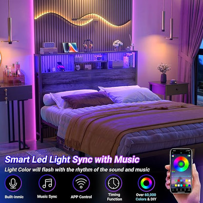 Aheaplus Headboard for Full Size Bed with Storage, Headboards with Outlets | Full Size Head Board Only, with USB Ports and LED Light, Height Adjustable, Reversible, Sturdy & Stable Headboard, Black Oak