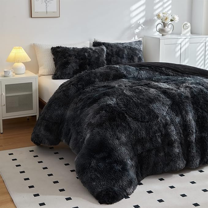 Wajade Faux Fur Plush Black Comforter Set Fluffy Fuzzy Shaggy Bedding Set - 3PC Full/Queen Microfiber Soft Warm Quilt Set