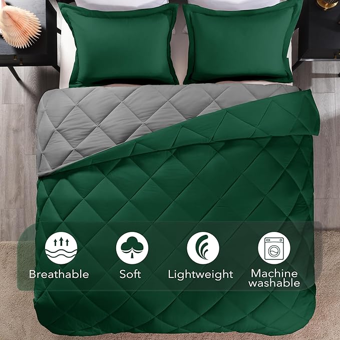 downluxe Queen Comforter Set - Dark Green and Grey Queen Comforter, Soft Bedding Sets for All Seasons -3 Pieces - 1 Comforter (88"x92") and 2 Pillow Shams(20"x26")