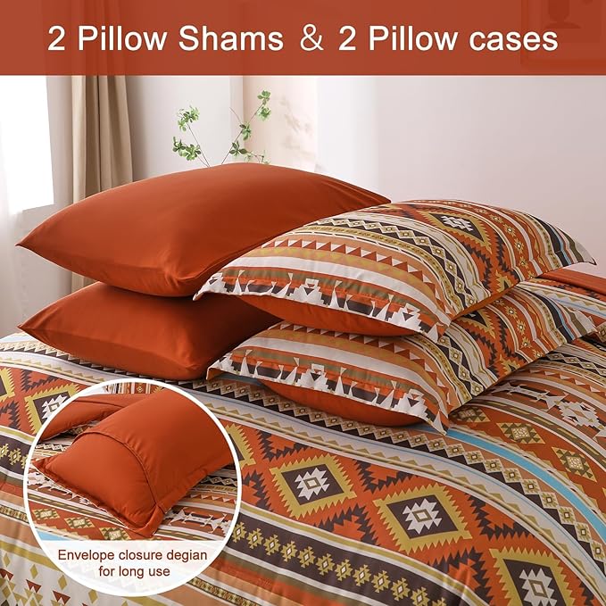 Dinjoy Queen Size Comforter Set Boho,Burnt Orange Bed in a Bag Queen Striped Bedding Sets Fall Terracotta Comforters with Sheets 7 Pieces Complete Set Aztec for All Season 90"x90"
