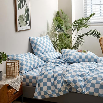 CLOTHKNOW Blue White Plaid Comforter Full Size Set Grid Bedding Comforter Sets All Season Soft Checker Comforter with 2 x Pillow Cases